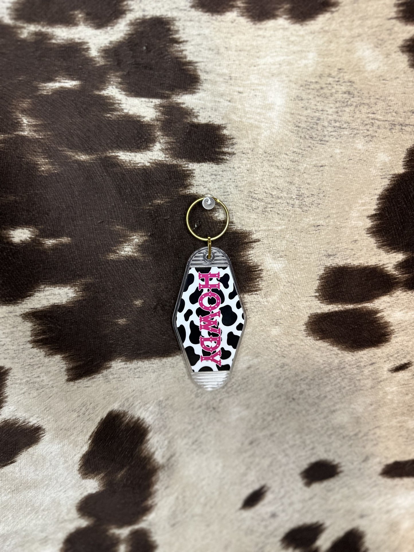 Howdy Cow Print Motel Keychain